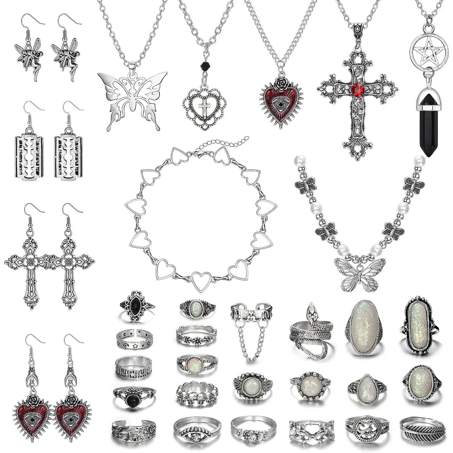 33Pcs Grunge Vintage Punk Necklace Jewelry Set with Gothic Earrings, Fairy Butterfly Boho Crystal Y2K Cross Pendant, Heart Choker, Goth Stackable Knuckle Rings, Adjustable Accessories for Women MenGift