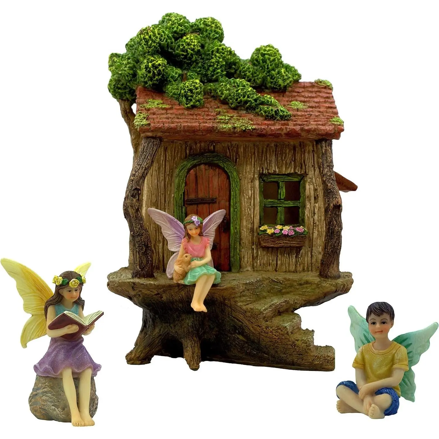 Fairy Garden Treehouse Kit for Outside - 9" H x 4" W Hand-Painted Resin Fairy House with Opening Door & 3-piece Fairy Set - Waterproof Miniature Cottage & Figurines for Patio Planter Decor | Outdoor Miniature Village Decor, Includes Three Fairies, Ho