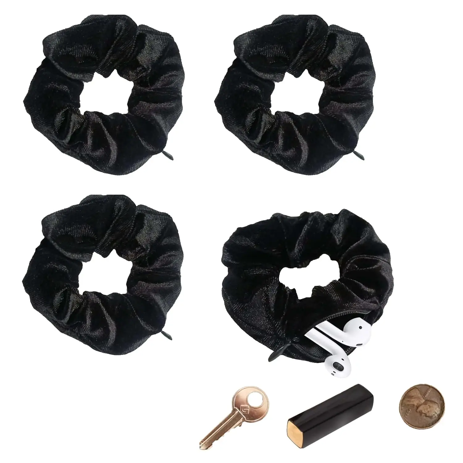 Scrunchie with Zipper Pocket for Women - Hair Tie with  Storage Compartment for , Lipstick,  & Valuables |  Compartment Items for Travel (Black, 4 count)