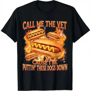 Men's "Call Me The Vet" Hot Dog Graphic T-Shirt, Humorous Bootleg Style Short Sleeve Crew Neck Casual Tee Vintage Bootleg Inspired Hot Dog Casual T-Shirt