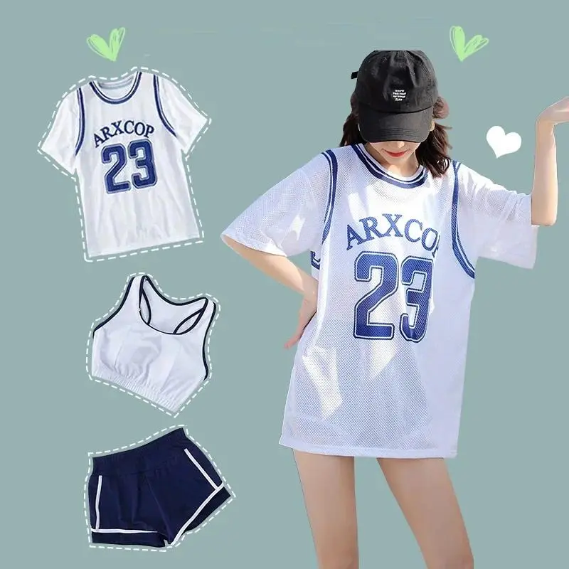 Women's 3-Piece Bikini Set with Long Sleeve Cover Up, Korean Style Soft Stretch Solid Color Chic Vacation Swimwear, M, Three Piece Swimsuits