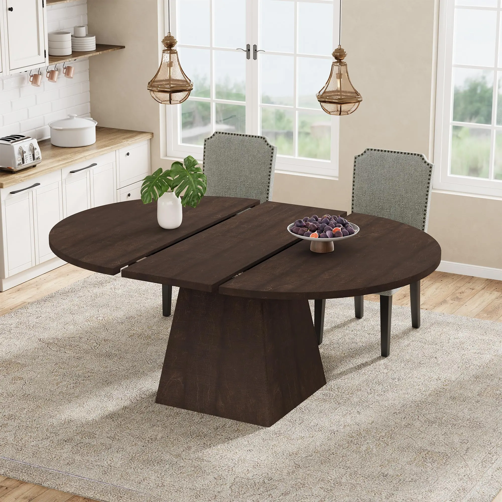Garvee Modern Minimalist Extendable Round Dining Table (47"-63"), Space-Saving Hidden Leaf, Thick Top, Sturdy Pedestal Base, Grey Indoor Furniture for 4-8 People