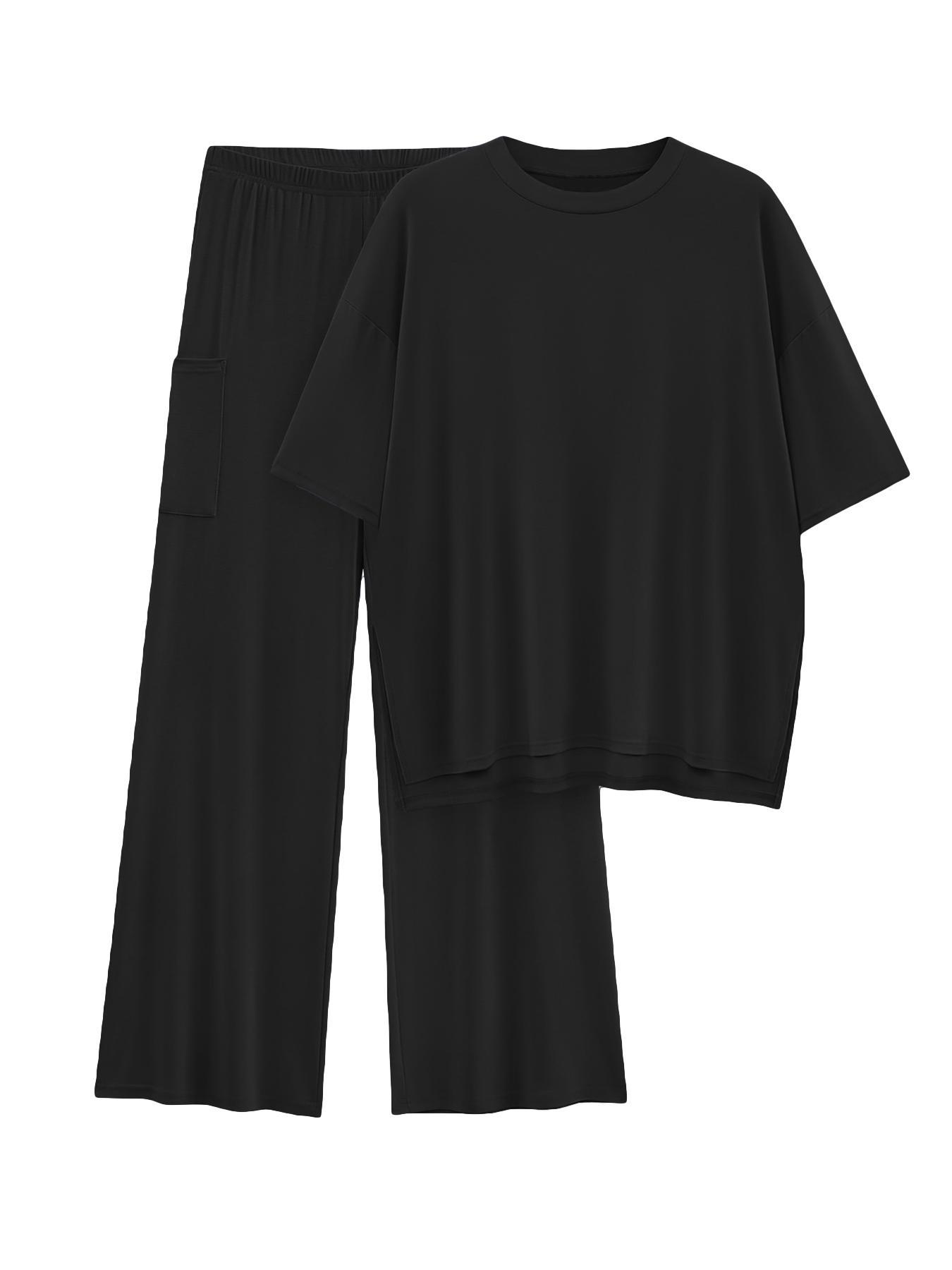Women's 2-Piece Solid Drop-Shoulder Tee & Elastic Waist Pants Set, Casual Fit Fashion Cozy Half Sleeve Top & Trousers for Daily Outdoor Wear, Ladies' Clothes for All Seasons
