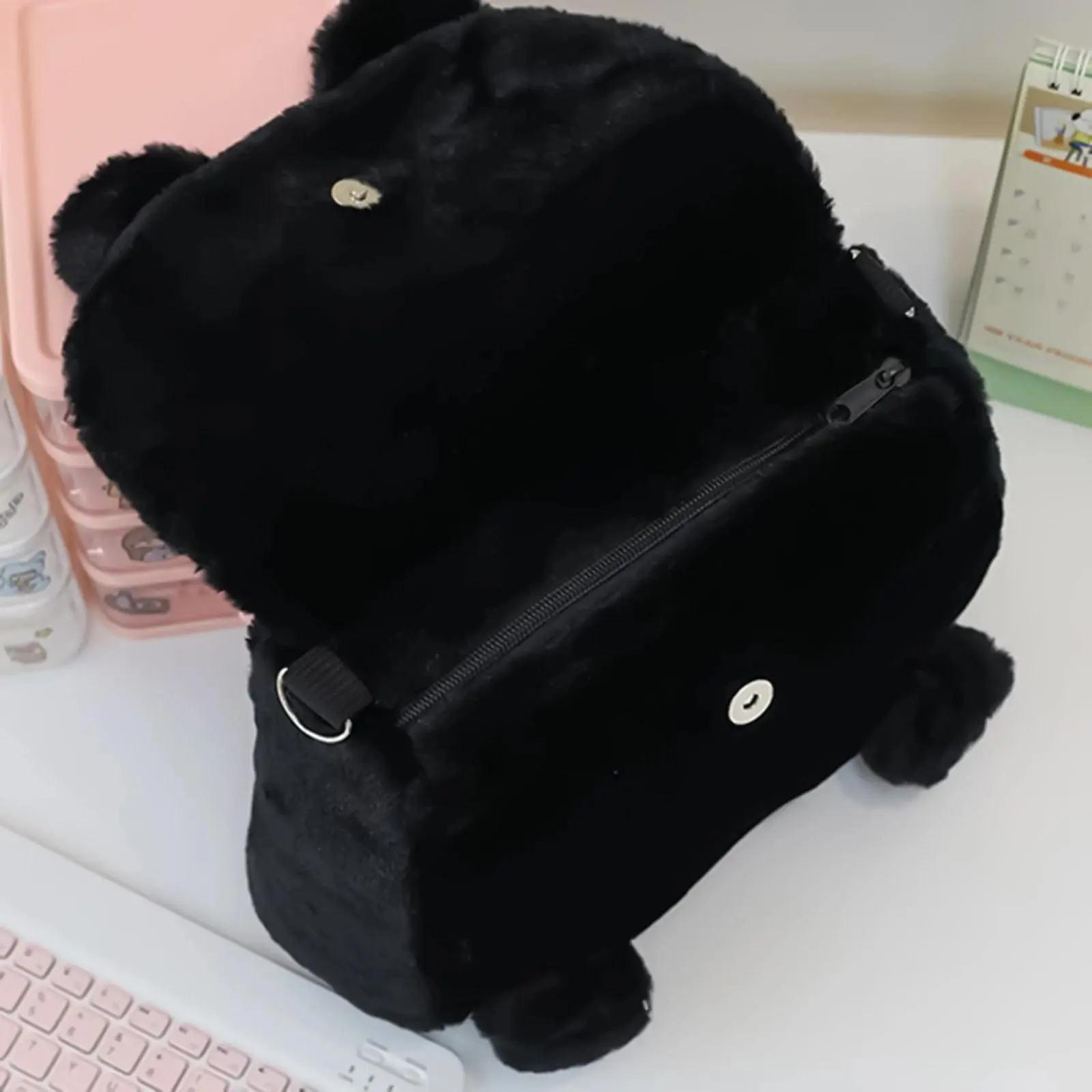 Black Cat Plush Backpack for Girls Cute Kitten Design Large Capacity Lightweight School Bag for Students Travel Daily Use