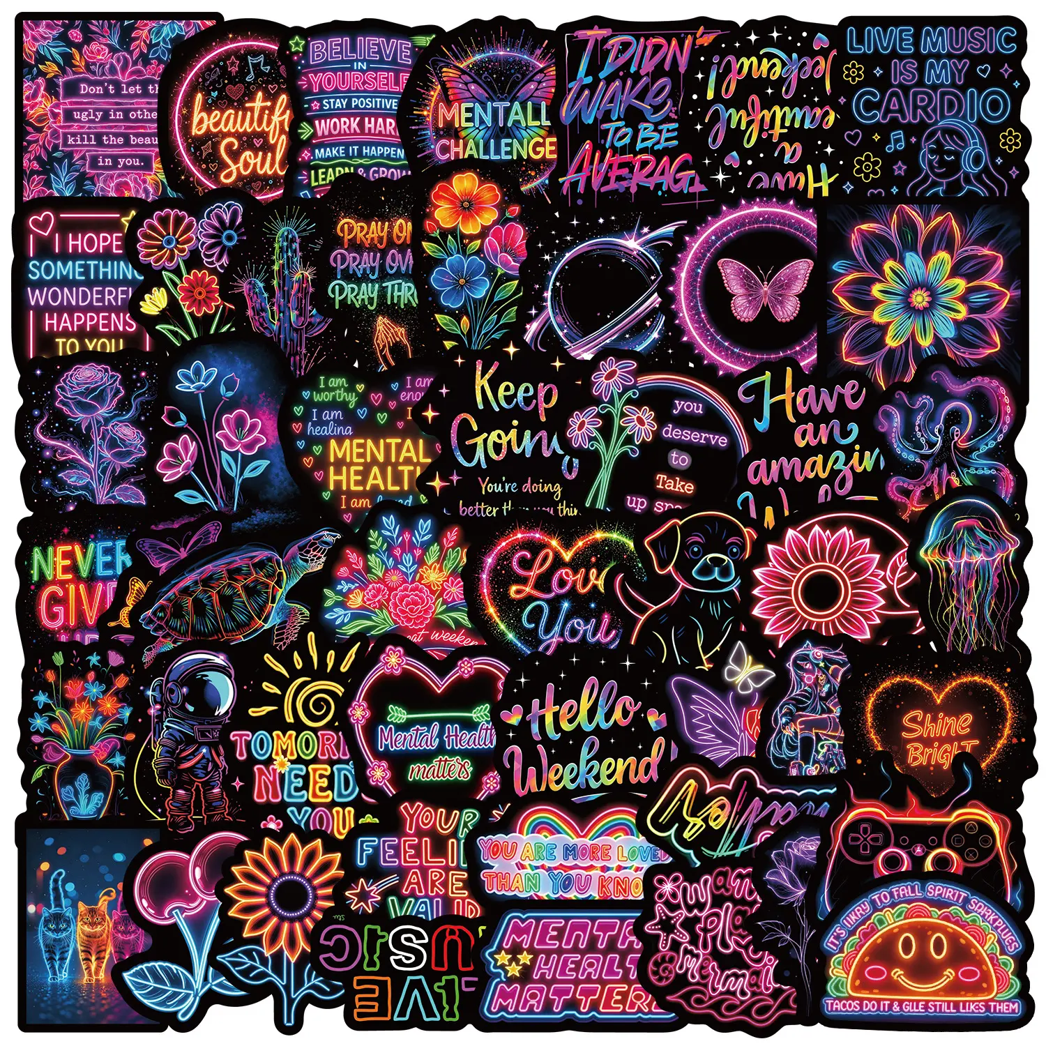 50pcs Laser Film Neon Stickers, Office Stickers, Suitable for Scrapbooks, Diaries, Laptops, Water Bottles, Cars, Etc. A Gift with A Positive Message and A Design Based on Faith.
