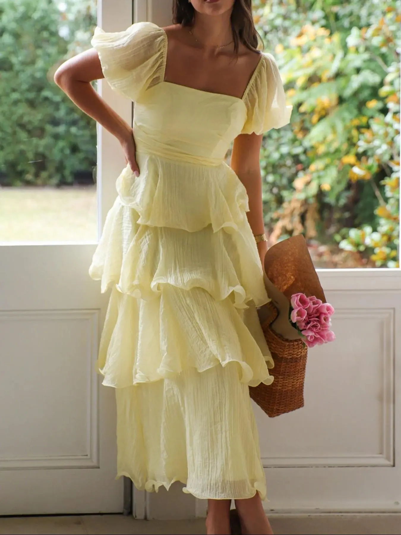 Elegant French Style Square Neck Bubble Sleeve Backless Layered Midi Dress,  Casual Fitted Plain Design, Perfect for Vacation Wear - TikTok Shop