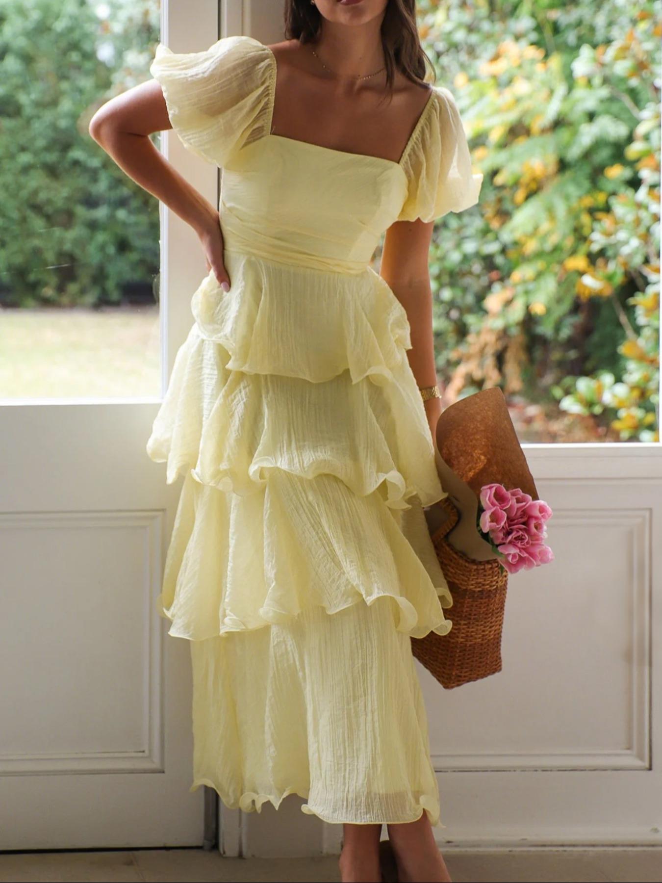 Elegant French Style Square Neck Bubble Sleeve Backless Layered Midi Dress, Casual Fitted Plain Design, Perfect for Vacation Wear - TikTok Shop Elegant French Style Square Neck Bubble Sleeve Backless Layered Midi Dress, Casual Fitted Plain Design, Perfect for Vacation Wear - TikTok Shop