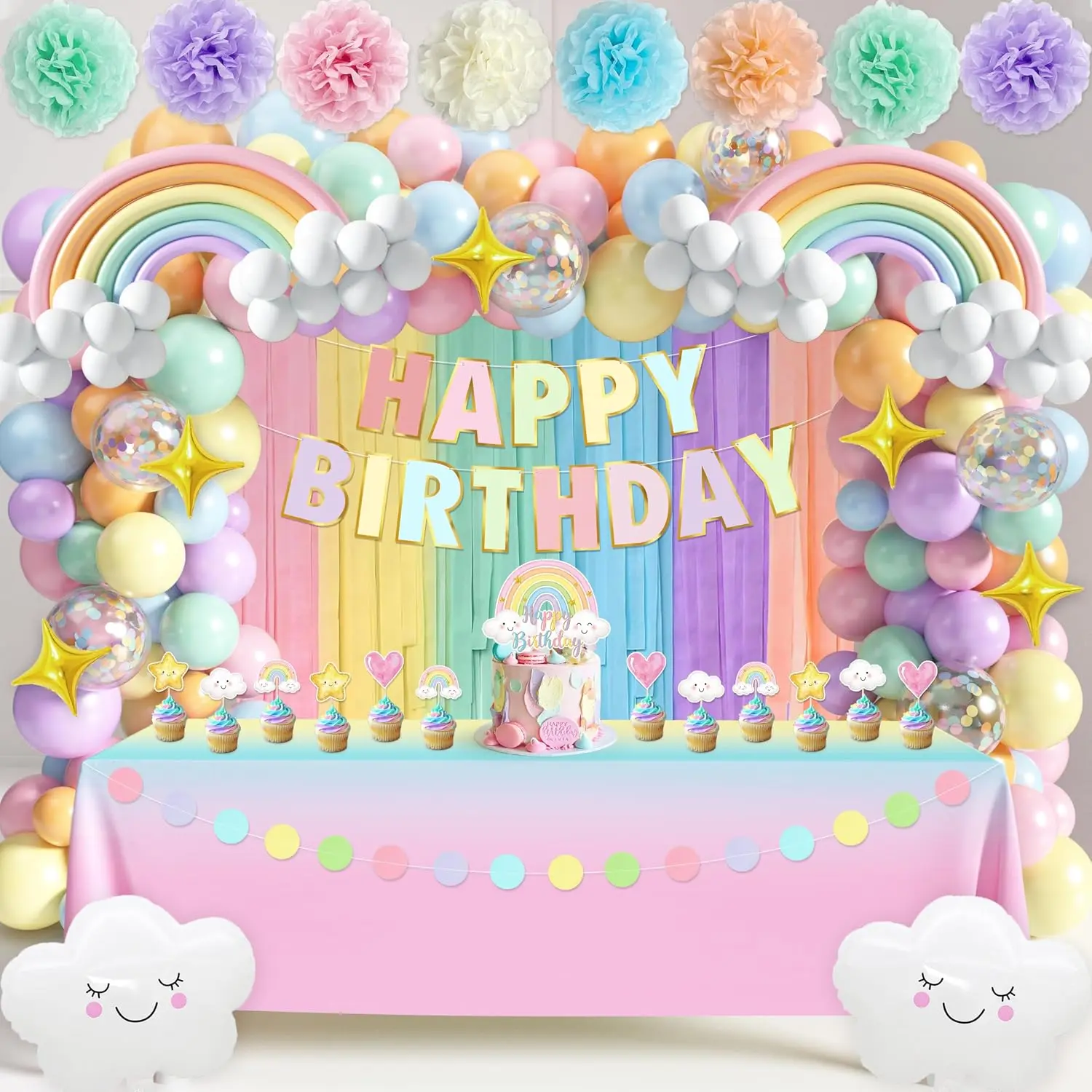 Pastel Rainbow Birthday Decorations 182 count Rainbow Party Supplies, Include Pastel Balloon Arch Kit with Rainbow Foil Balloons Streamer Backdrop Tablecloth Banner Garland Cake Toppers Paper Pompoms