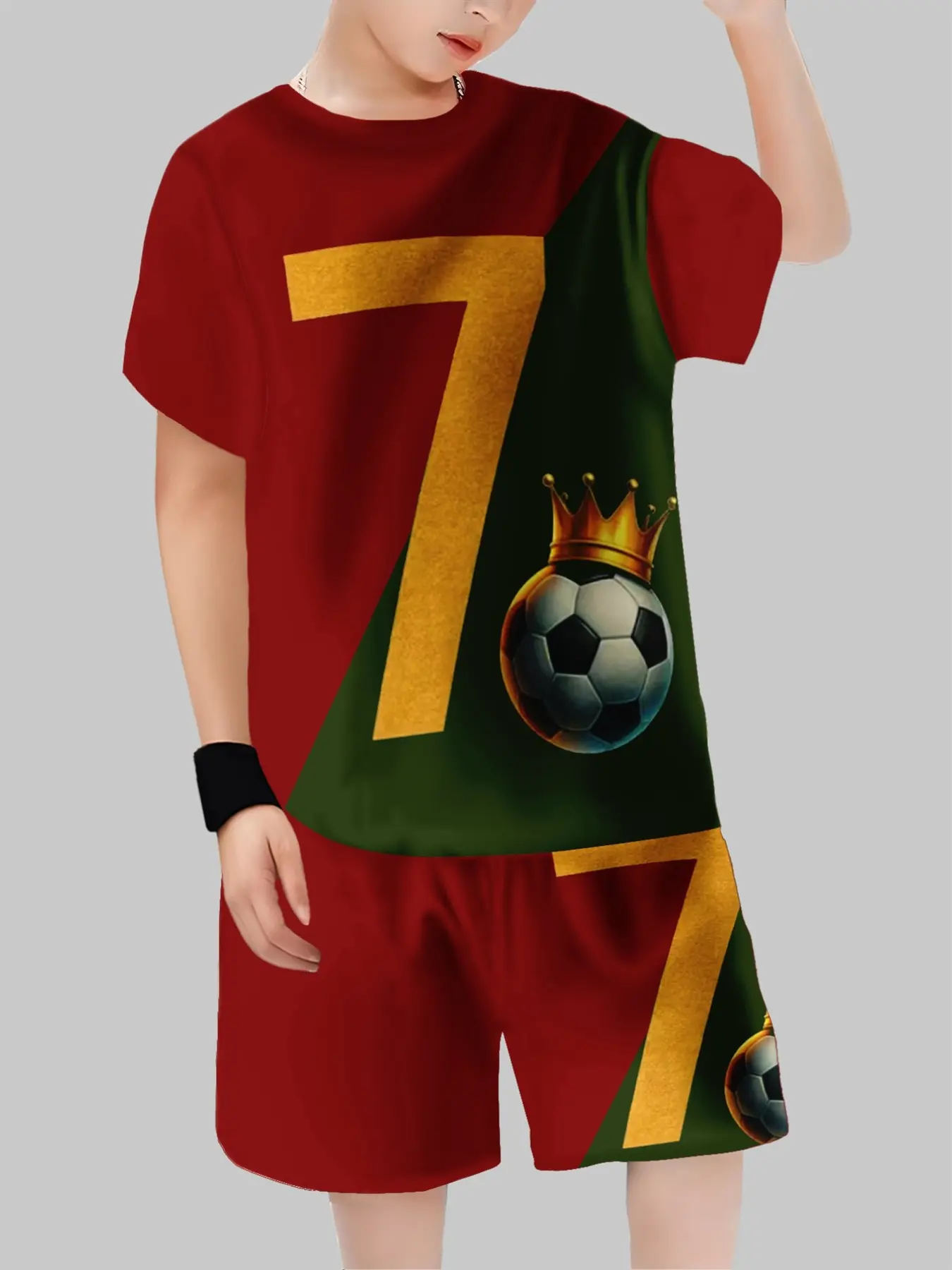 Football Two-Piece Set, Vertical Stripes, Soccer Pattern Print, Round Neck Short Sleeve Top, Elastic Waist Shorts, Boys' Sports Training, Football Kits