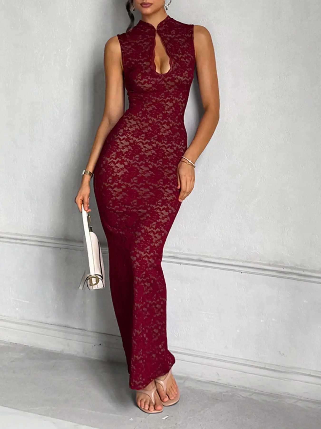 Lace Qipao Dress, Elegant Traditional Chinese Clothing, Women's Floral Pattern Long Sleeve Dress, Perfect for Special Occasions