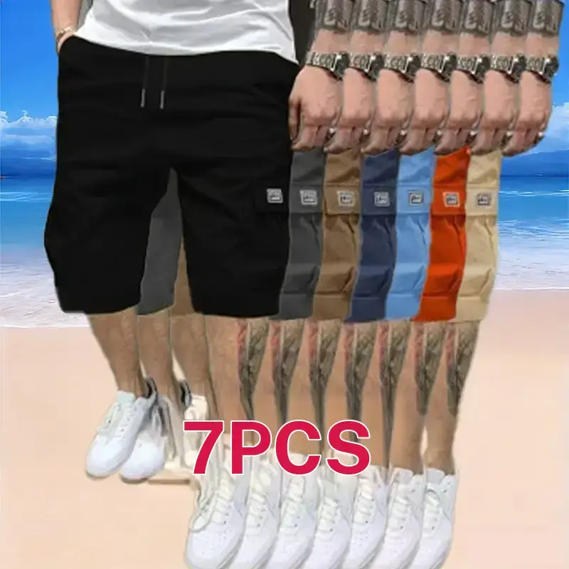 essential shorts，shorts for the summer，men shorts，shorts for summer，Men’s 7 Piece Shorts Set – Brown/Black/Dark Navy Blue/Green – Angled Cargo Pockets – Versatile Casual Wear – Everyday Use — Men’s Workwear Cargo Shorts SpringStatementscargo shorts Beige