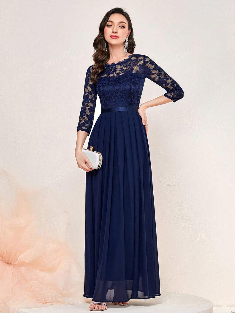 Formal Hem Pleated Elegant MIUSOL Floral Lace Chiffon Party Dress