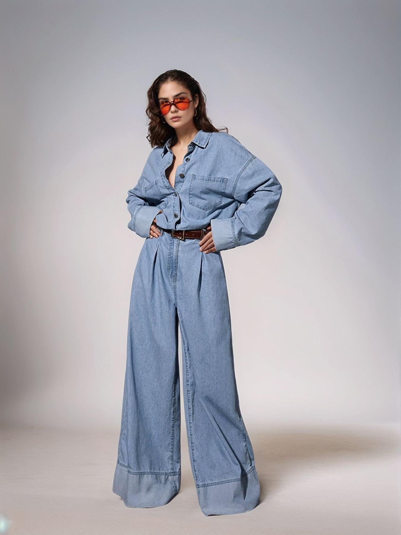 Women's Pocket Denim Jumpsuit without Belt, Casual Fashion Wide Leg Denim Jumpsuit for Daily Wear, Ladies Clothes for All Seasons, Denim Jean Overalls