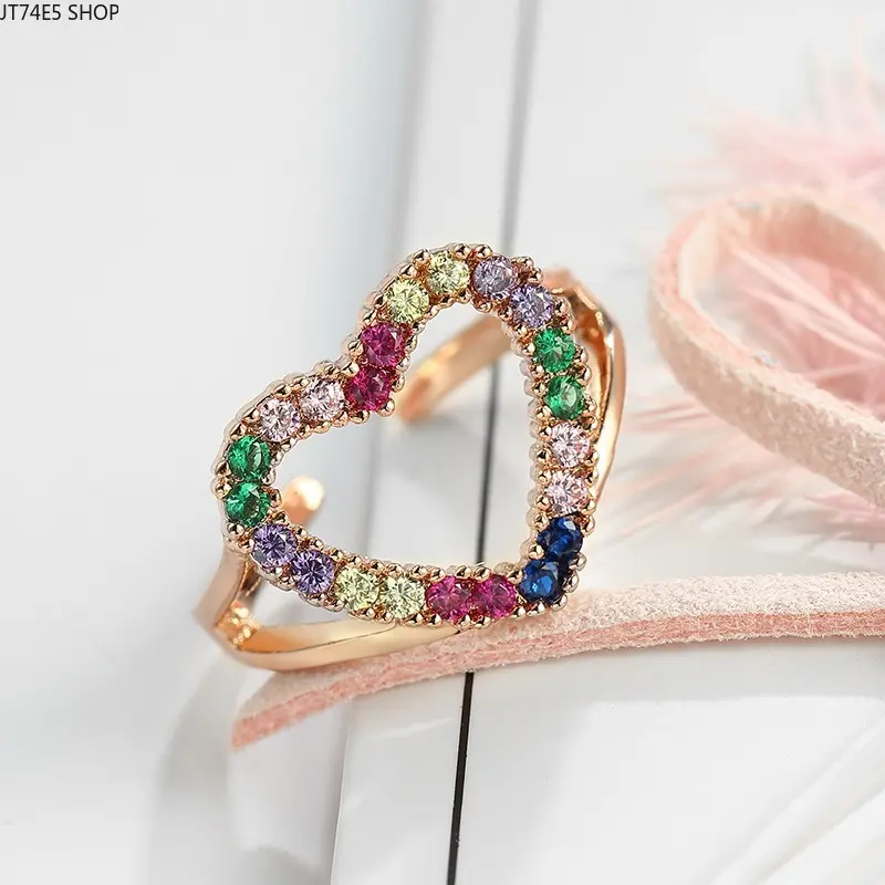 Rose Gold Plated Heart Multi-Color Cubic Zircon Ring for Women, Rainbow Tone Gem Adjustable Daily Hand Jewelry Gift For Her