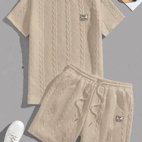 Men's Textured Knit Two-Piece Matching Set, Round Neck Short Sleeve Top & Drawstring Shorts, Summer Casual Streetwear, Casual Outfit Set