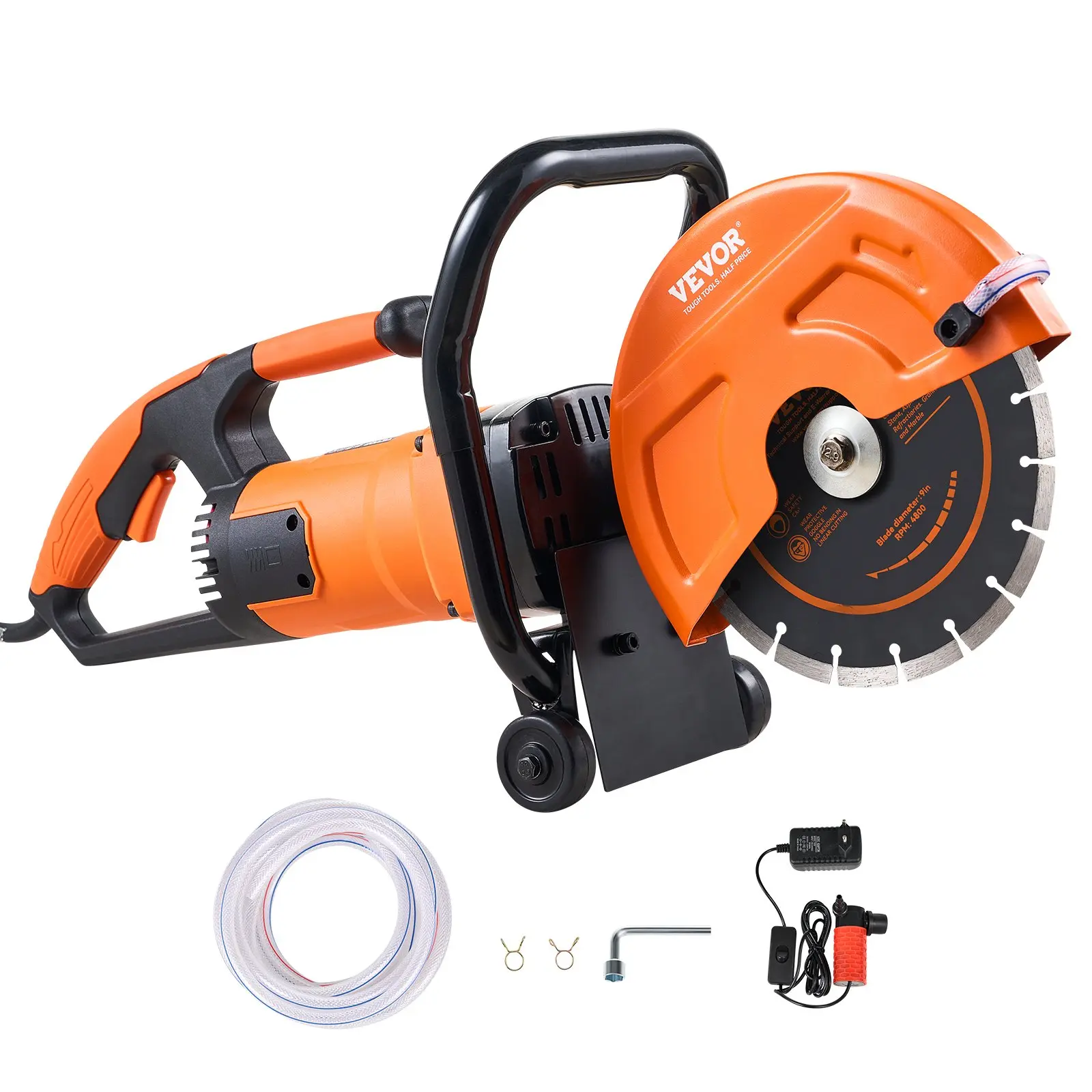 VEVOR Electric Concrete Saw, 9 in, 1800 W Motor Circular Saw Cutter with 3.5 in Cutting Depth, Wet/Dry Disk Saw Cutter Includes Water Line, Pump and Blade, for Stone, Brick