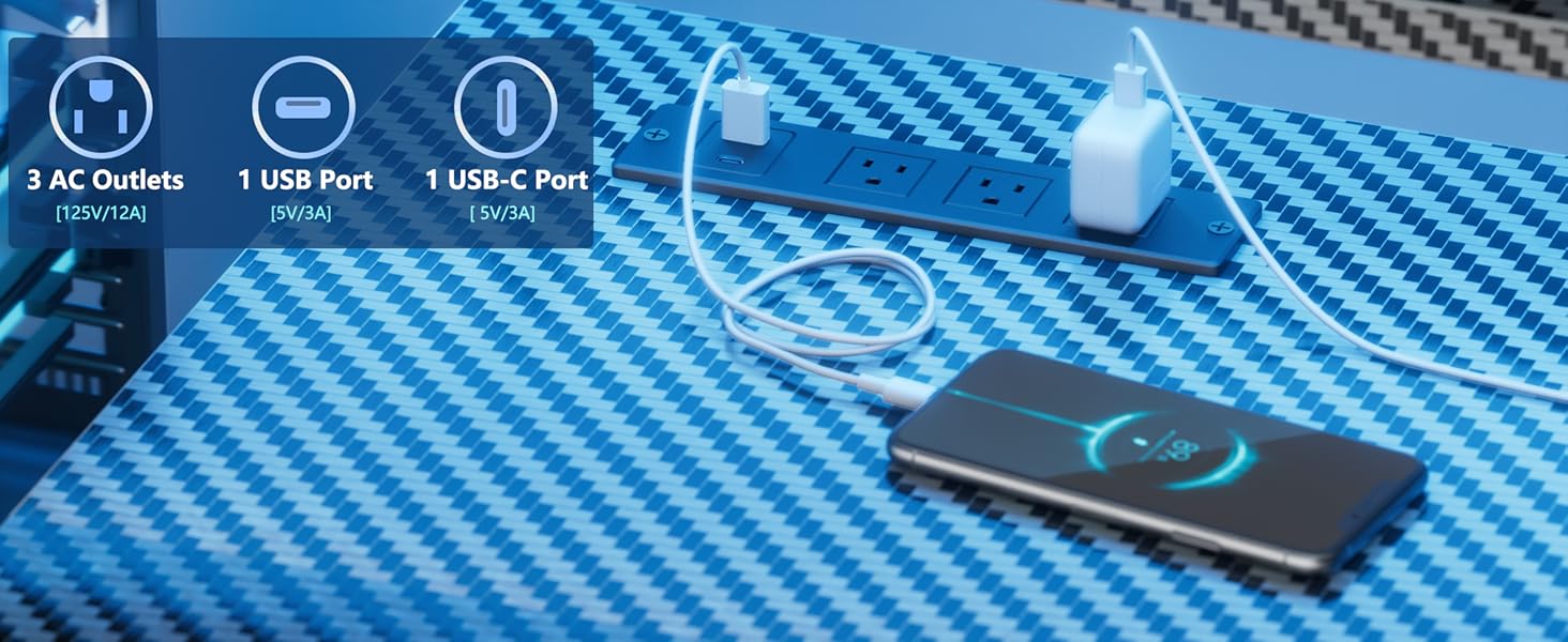 48 Inch Gaming Desk with LED Lights & Power Outlets,Computer Desk with Fabric Drawers & Side Hook,Reversible Gamer Table with Monitor Stand for Game Room,Home Office,Carbon Fiber Black