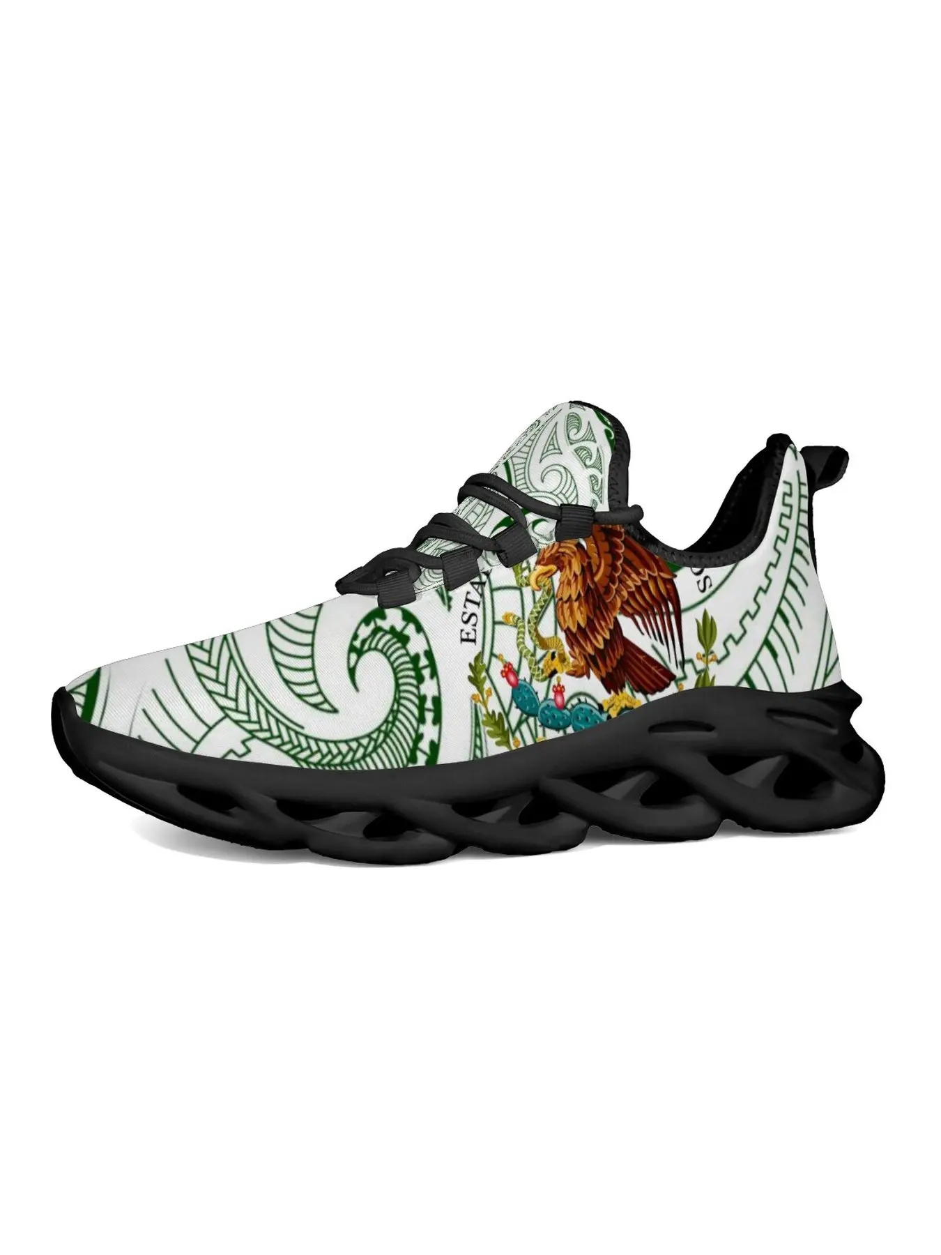 Mexican Aztec Tribal Pattern Untamed Running Shoes, Green White Eagle Polynesian Tattoo Print Sneakers, Breathable Mesh Lightweight Non-Slip Casual Athletic Shoes for Men Women Unisex