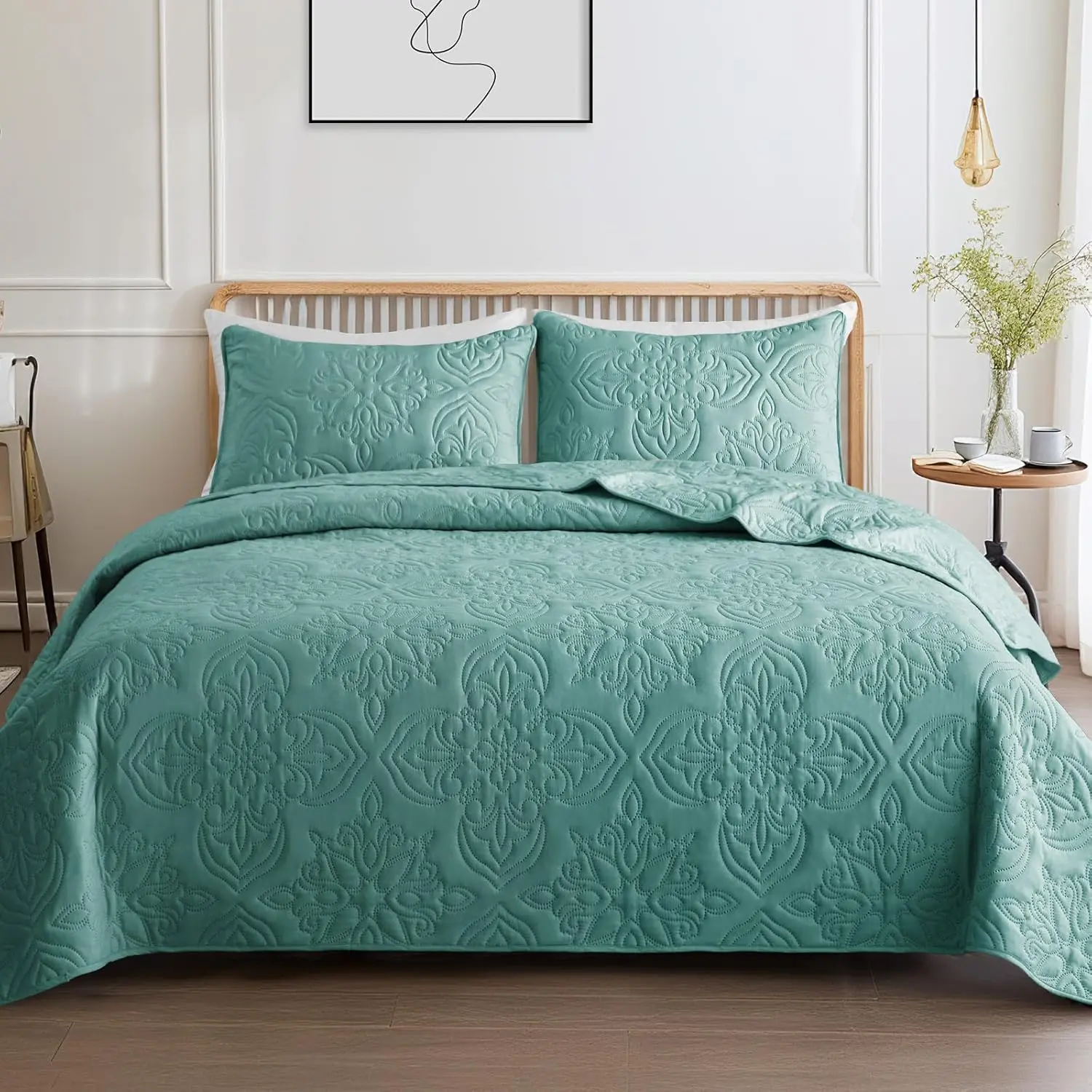 Soft Queen Bedding Set for All, Vintage Damask Ultrasonic Full Size Set, Lightweight Reversible Bedspread, Coverlet, Bed Cover with 2 Pillow Shams, Turquoise Green
