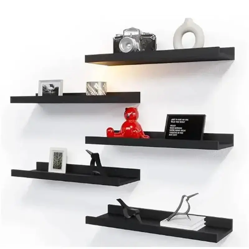 5 Set Floating Wall Mounted Shelves, Black Shelves for Wall Decor, Modern Picture Ledge Shelf with Lip for Storage, Nursery, Bedroom, Living Room, Bathroom - Black