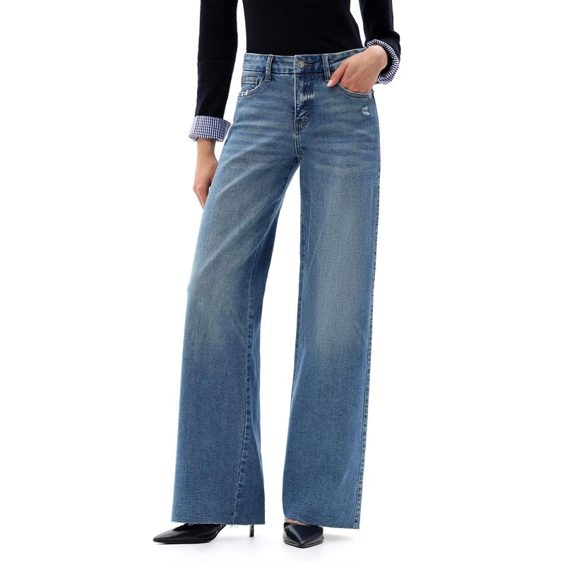 ONESO Mid-Waisted High Stretchy BBL Wide Leg Baggy All Season Jeans Tummy Control Outdoor Indoor Distressed Denim Pants Woman Soft Bottom Comfortable Denim Jeans Plus Size Regular Size