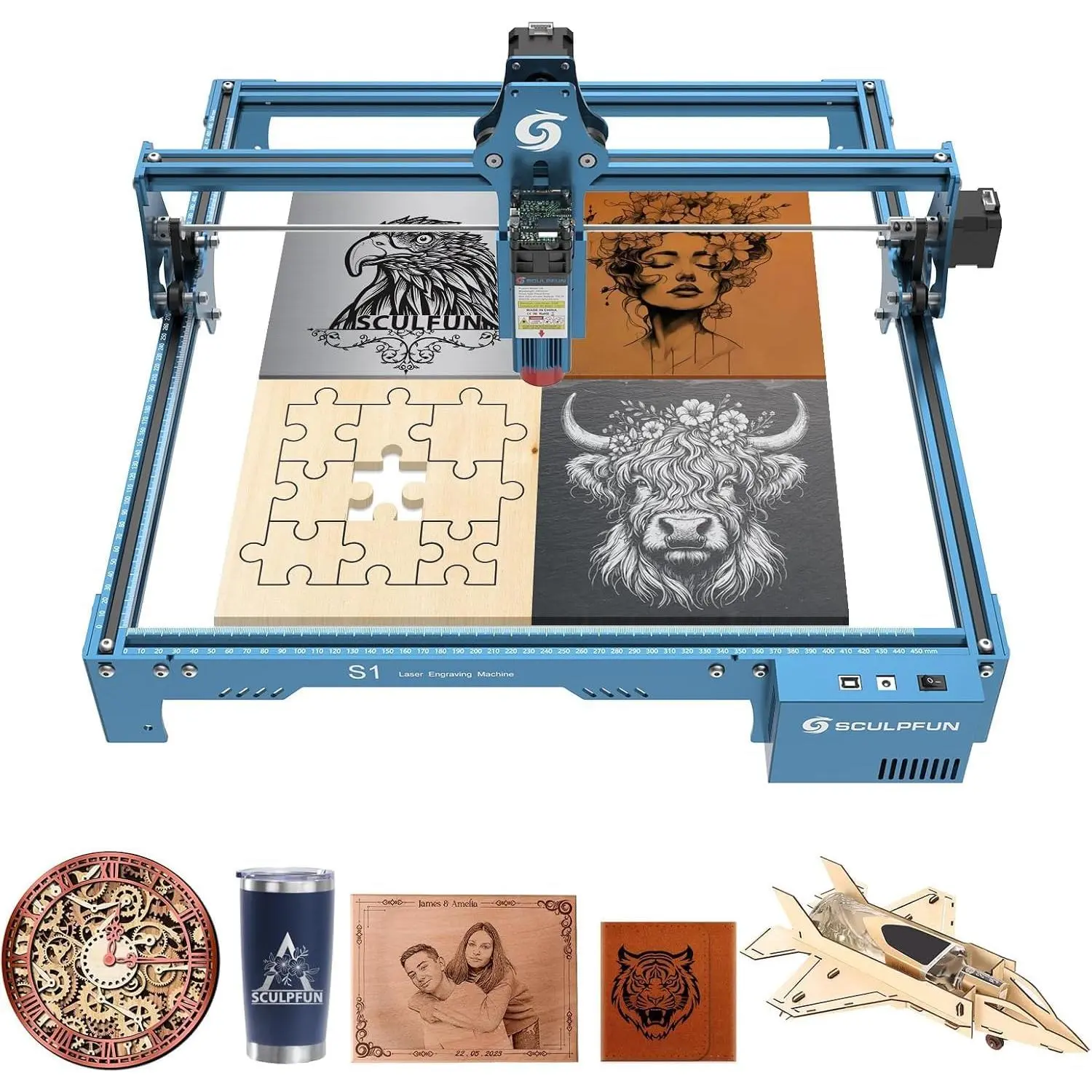 SCULPFUN S1 Laser Engraver & Cutter - 5000mW NC Machine with 0.01mm High Accuracy, 410*420mm Area, Compatible with Wood, Metal, Leather, Stainless Steel, Supports BMP Files