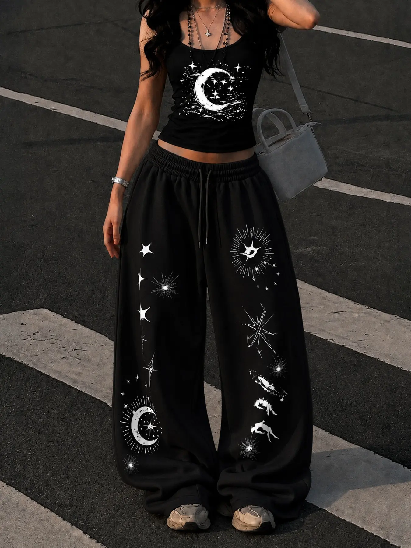 Women's Casual Home Wear Set, Star Moon Print Slim Fit Tank Top + Loose Pants, Y2K Street Style, Daily Commute, Campus, Home Relax, Baggy