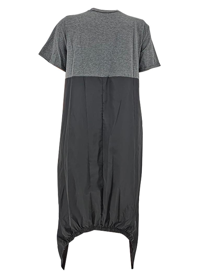 Women's Leather Patchwork Pocket Dress, Vintage Casual Style, Short Sleeve Midi Dress, Loose-Fitting Plain Design, Perfect for Everyday Wear