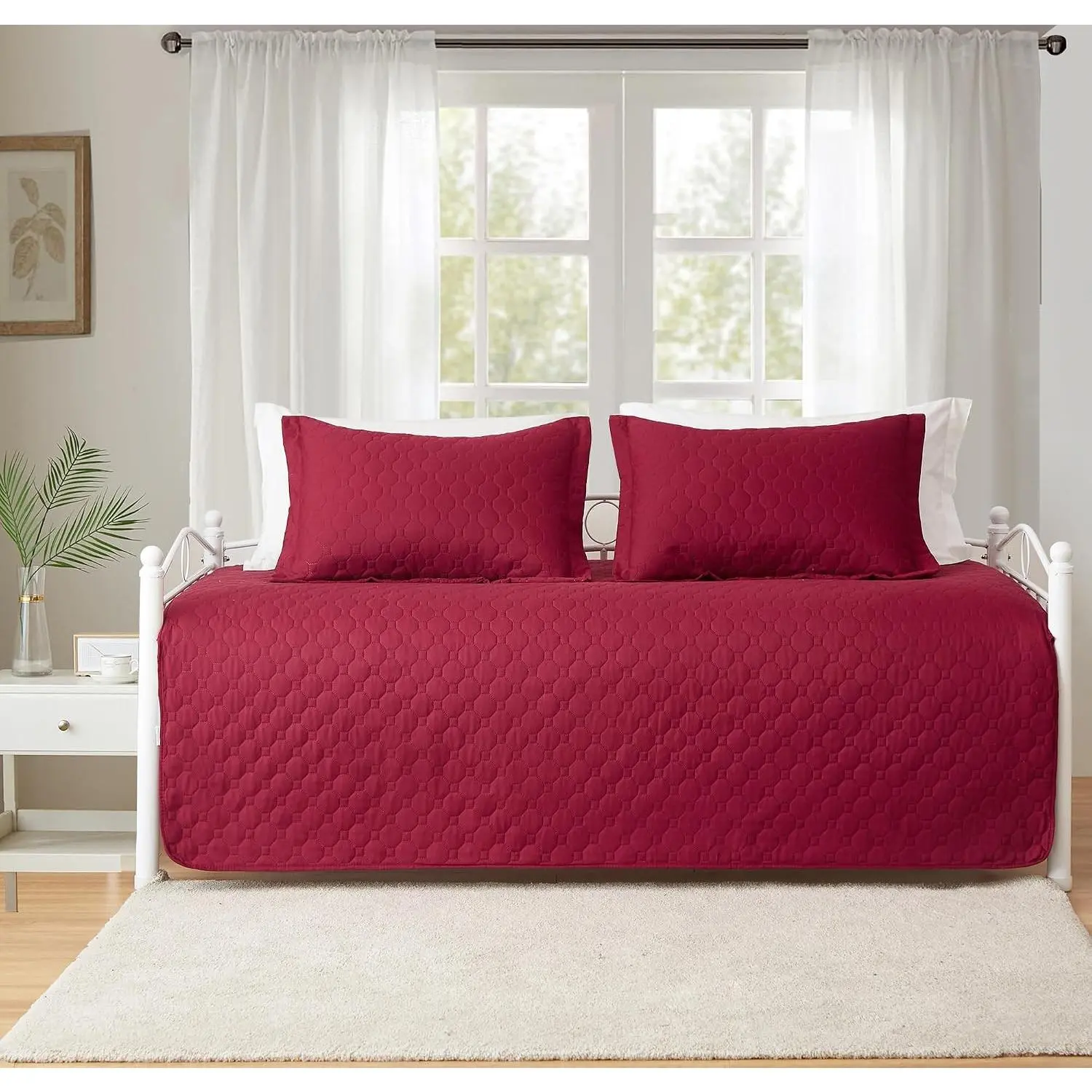 3 Piece Burgundy Daybed Cover Twin Size - Cozy Double Sided Quilting Geometric Print All Season Daybed Bedding Set Coverlet Bedspread with 2 Standard Shams Fits 39"x75" Twin Bed
