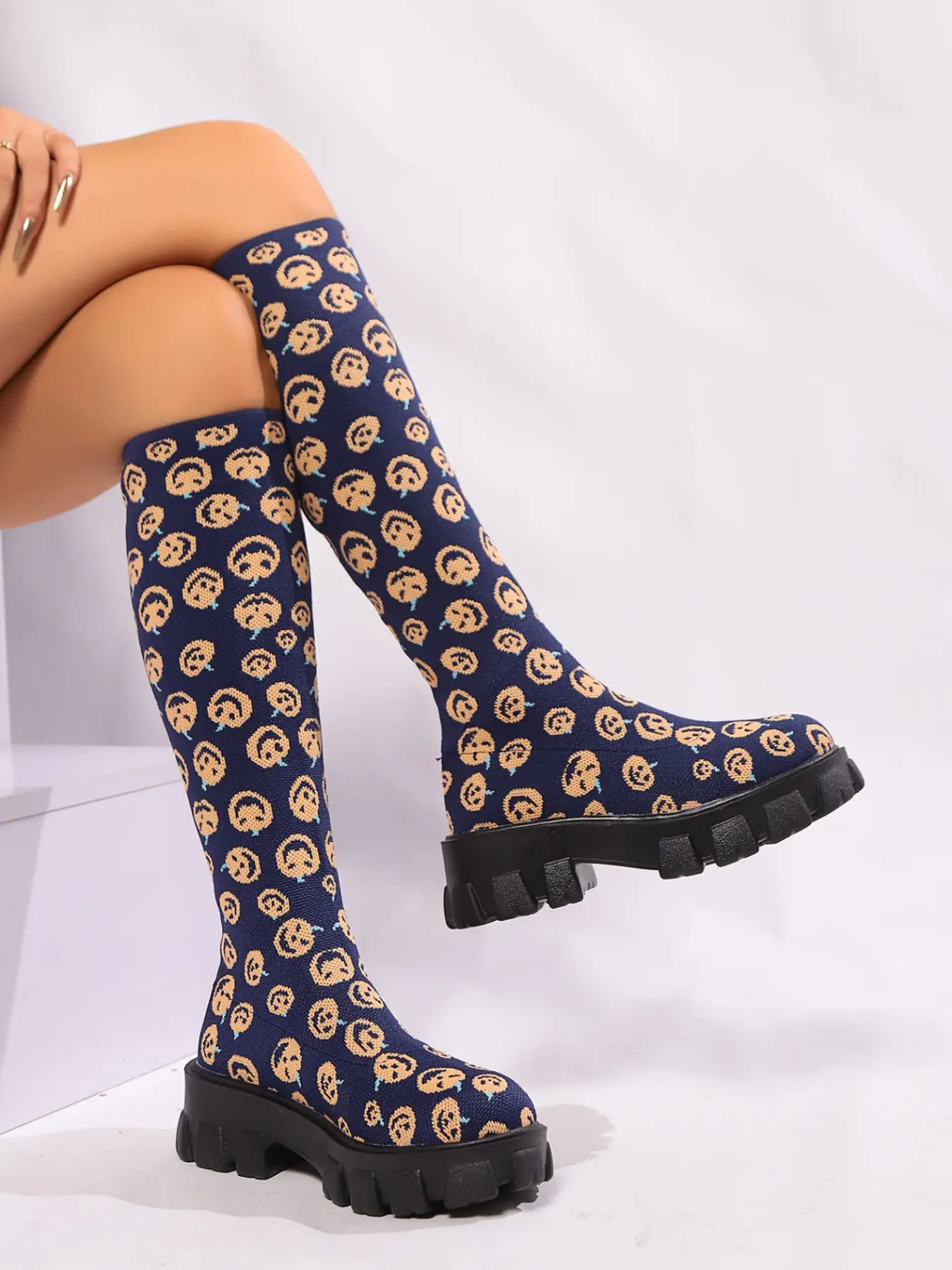 Halloween Pumpkin Print High Top Booties, Stretchy Textile Upper, Rubber Sole, Adjustable Fit, Perfect for Parties & Events