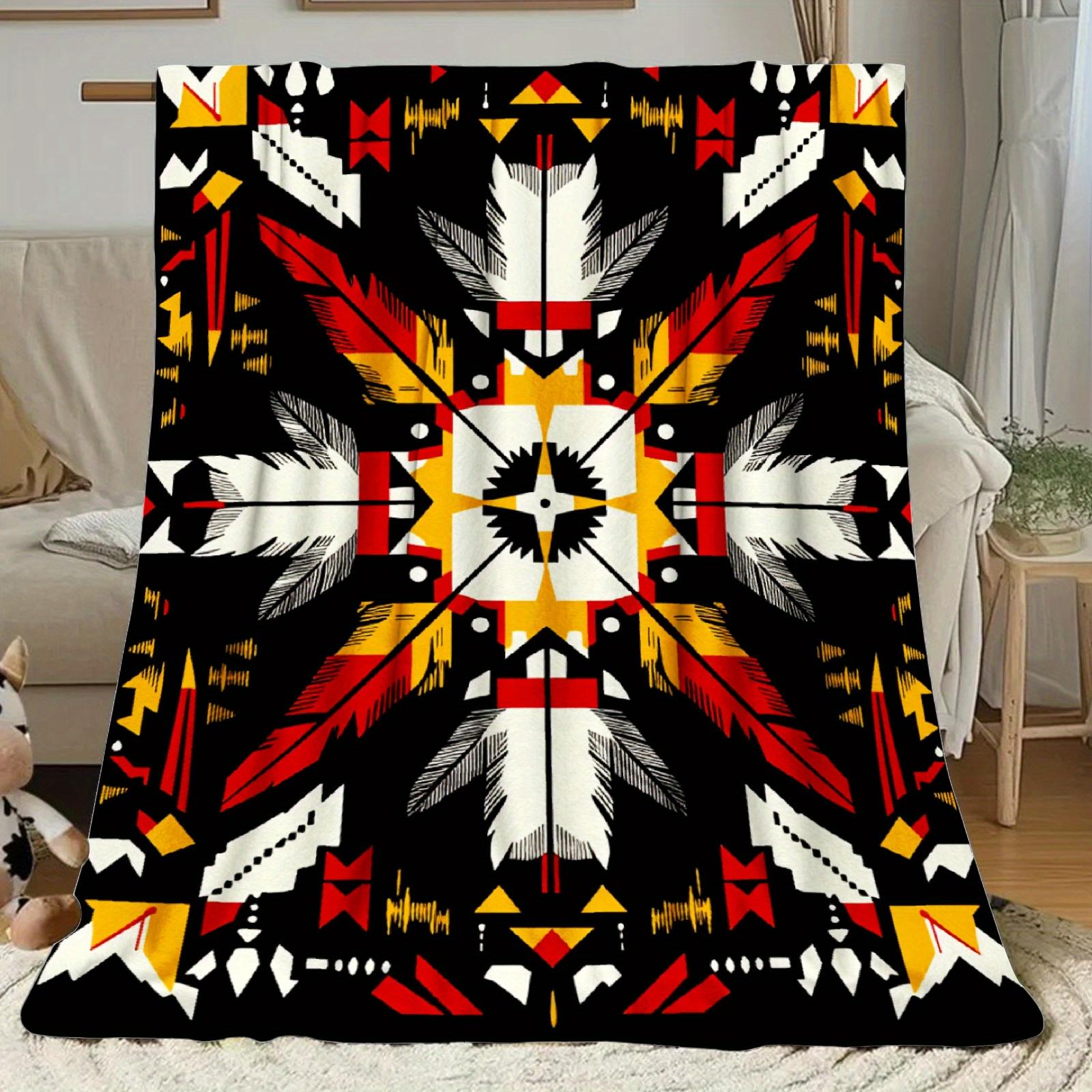 A Single Piece of a Soft And Lightweight Tribal Geometric Blanket Featuring a Southwestern Design in Black, Red, White, Gray, Beige, And Golden Brown. Suitable for All Seasons And Can Be Used on Sofas, Beds, During Camping