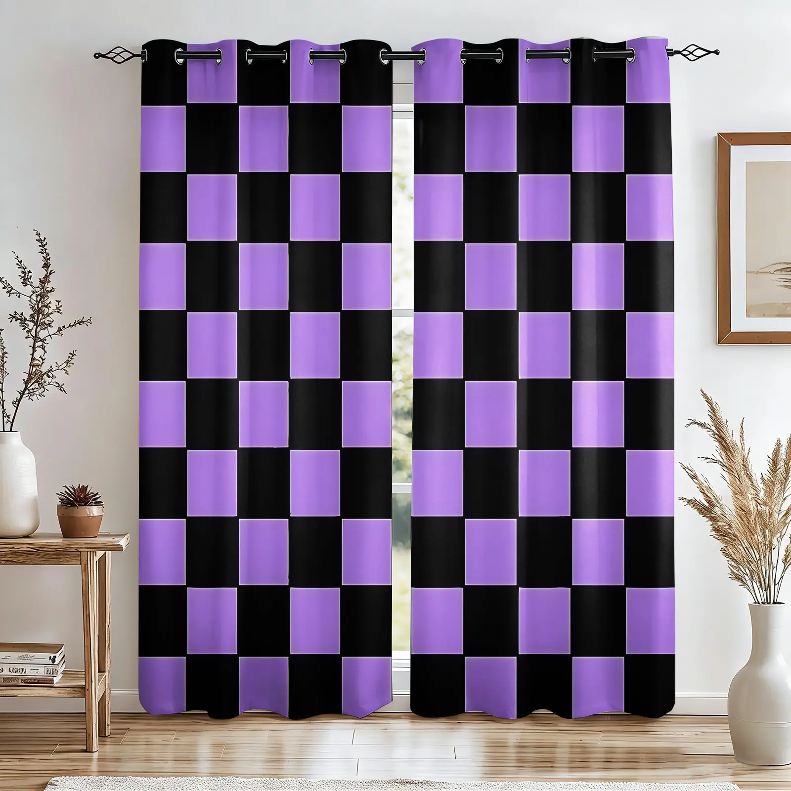 Black and Purple Checkered Y2K Sweet Cool Print Blackout Curtains-Metal Rings Easy Install-Retro Checkered Pattern-Insulated Noise Blocking Room Divider Drapes-Bedroom Living Room Gaming Room Dorm Decor