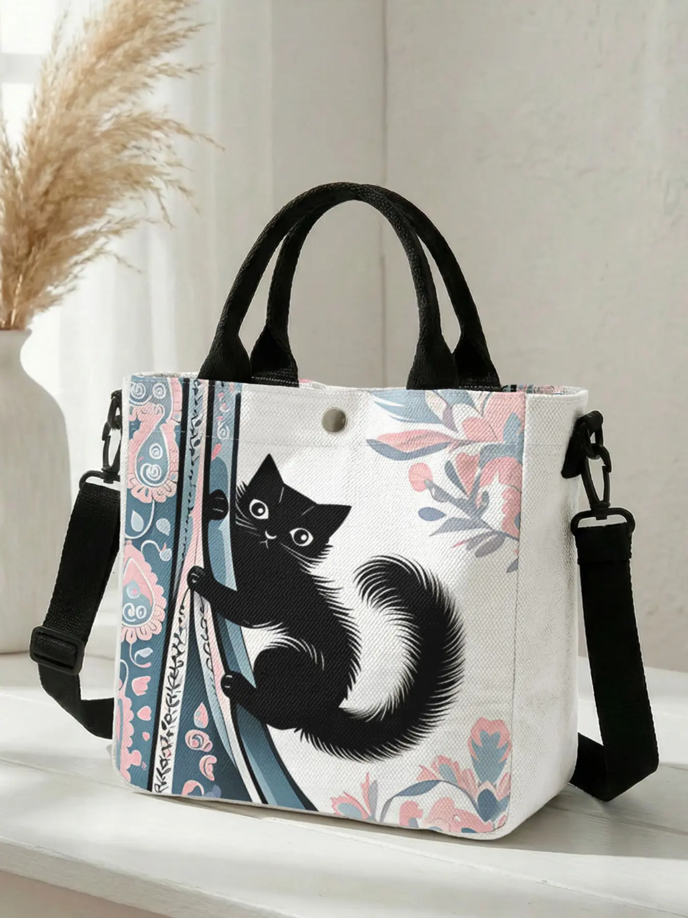 1 piece of black cat floral pattern 2D printed fashion casual crossbody bag, adjustable shoulder strap + snap closure | students/workforce/street outings | a street essential with both aesthetic appeal and practicality