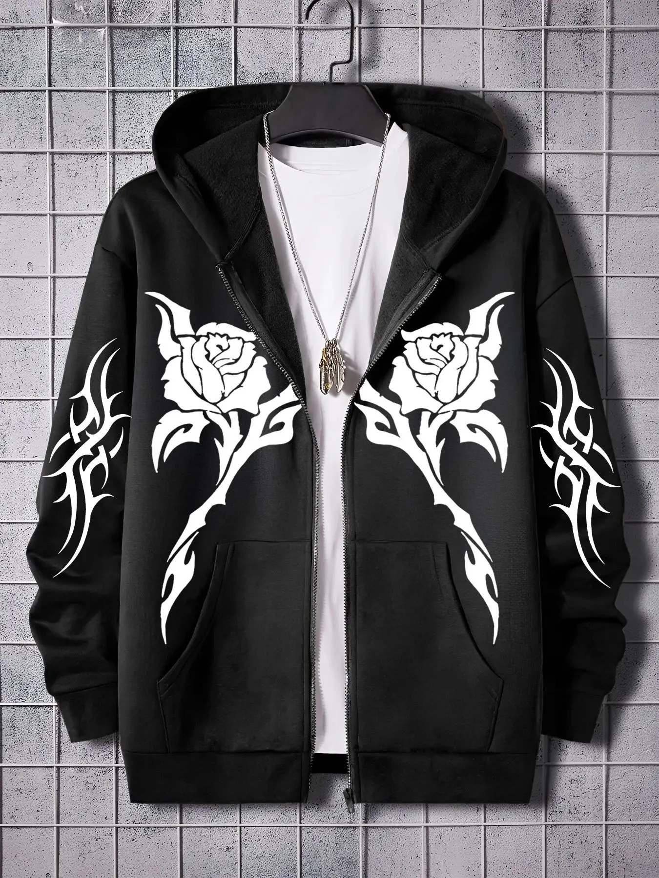 Unisex Dark Grunge Y2K Zip Front Hoodie Jacket Brown Gothic Rose Graphic Print Tribal Flame Long Sleeve Design Oversized Soft Fleece Hooded Coat Casual Daily School Travel Streetwear Layering Outerwear For Gen Z Alt Fashion