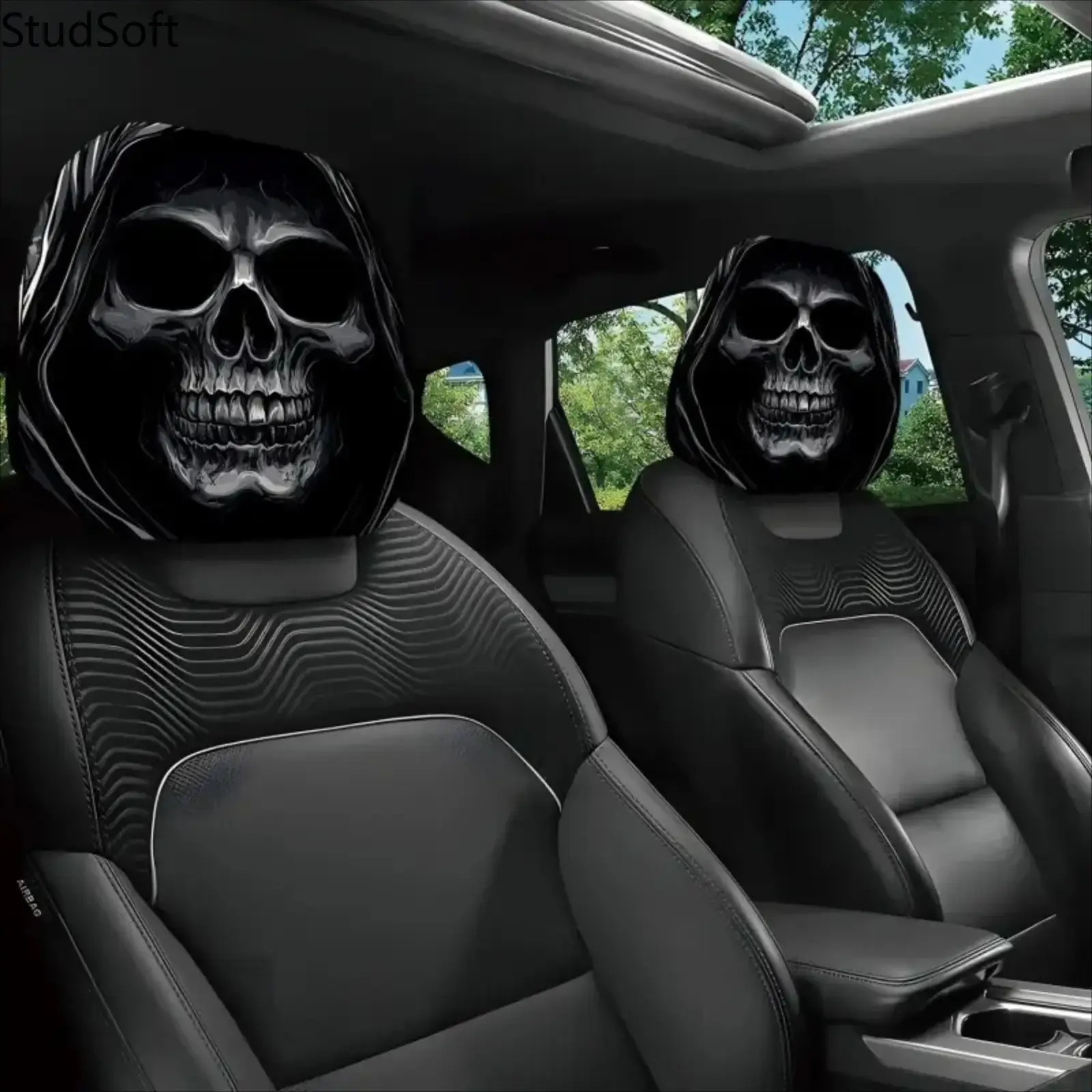 Gothic Skull Car Headrest Covers, Universal Elastic Auto Head Rest Protectors, Spooky Car Interior Accessory, Halloween-Christmas Gift for Vehicles by summerwins, Car Interior Decorative, Gothic Car Accessories