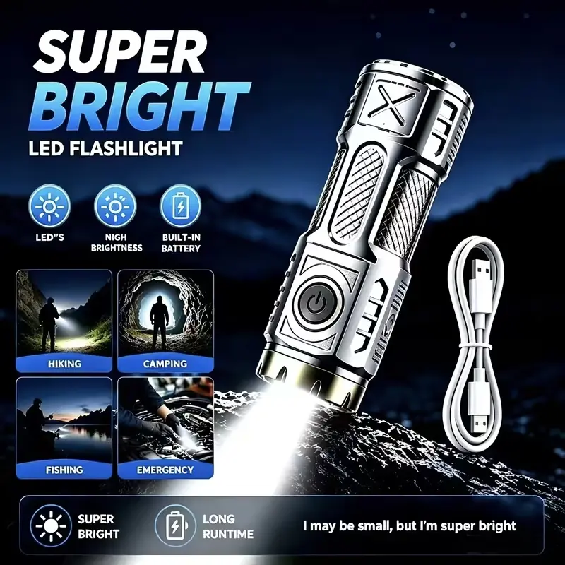 Super bright rechargeable flashlight, [dual light source mode] multi-mode flashlight: 3 modes for the main light + 2 modes for the side light, double-click for flashing frequency function, switch between main light and side light flashing frequency mode