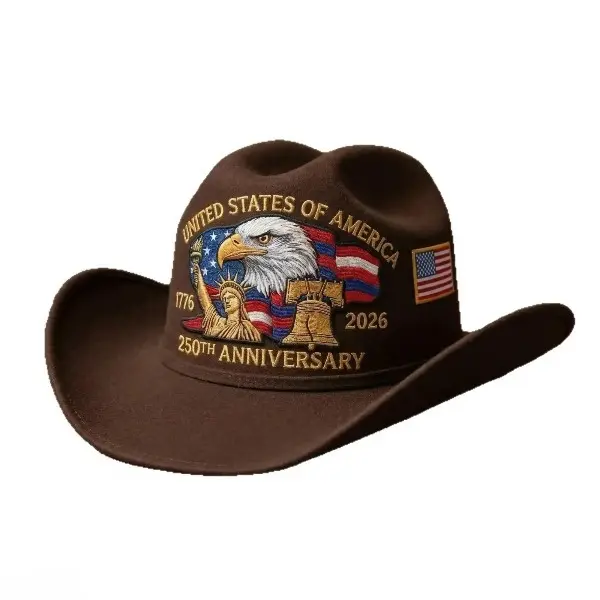 250th Anniversary US Commemorative Cowboy Hat, Wide Brim Patriotic Felt Hat with Printed Eagle Emblem, Unisex Western Outdoor Party Headwear for Men