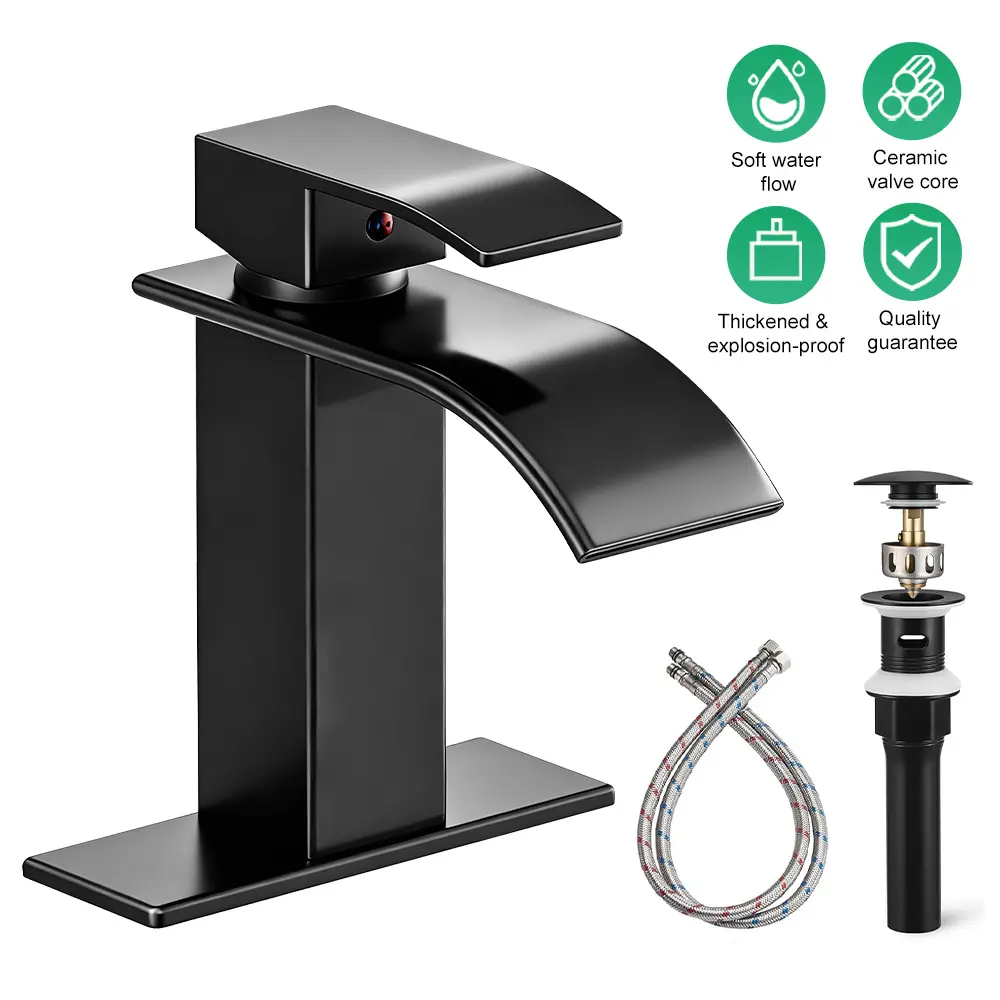1pc Waterfall Spout Bathroom Faucet, Bathroom Sink Faucet Single Handle RV Vanity Bathroom Faucet, Hot And Cold Spout with Deck Heel Water Supply Hose for Sink 1 Or 3 Hole Countertop, Waterfall Bathroom Faucet
