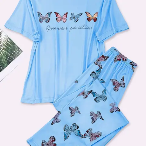 Valentine's Day Blue Bow Print Short Sleeve Long Pants Set, Two-Piece Sleepwear Loungewear Pajamas Home Set, Geometric Pattern, Casual Style, All Seasons