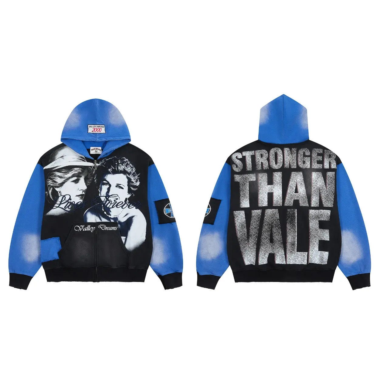 Valley Dreams 2000 Men Zip Up Hoodie Vintage Portrait Print Patchwork Blue Black Hooded Jacket Distressed Raw Edge Streetwear for Teen Boys Adult Men Outdoor Daily Casual Wear for Fall Winter Halloween Thanksgiving