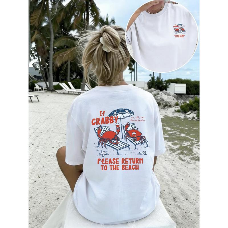Women's Casual Cotton Knit Short-Sleeve Crew Neck Tshirt - Funny Crab Print, "If Crabby Please Return to The Beach" Double-Sided, Slight Stretch, Summer Beach Outfits, Cold Wash, Do Not Bleach, Tops for Women, Childrens Day, Chinese New Year