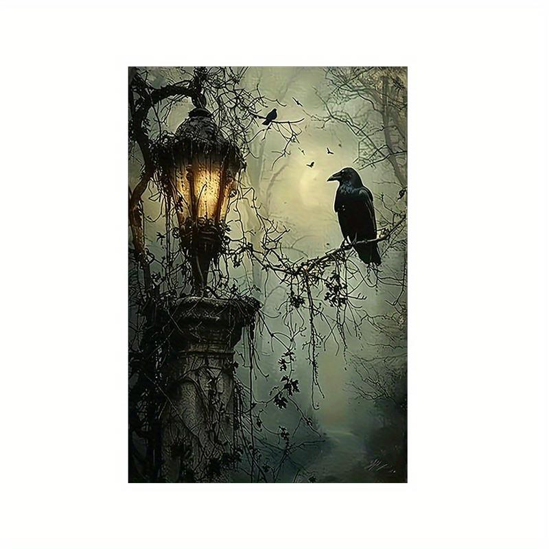 Gothic Raven and Lantern Wall Art Canvas Print - Frameless Oil Painting Style Poster for Home, Office, Living Room, Bedroom Decor Artistic - For Art Lovers & Gothic Decor Enthusiasts - Perfect Gift for Halloween & Home Decor Decoration Ornaments Photo