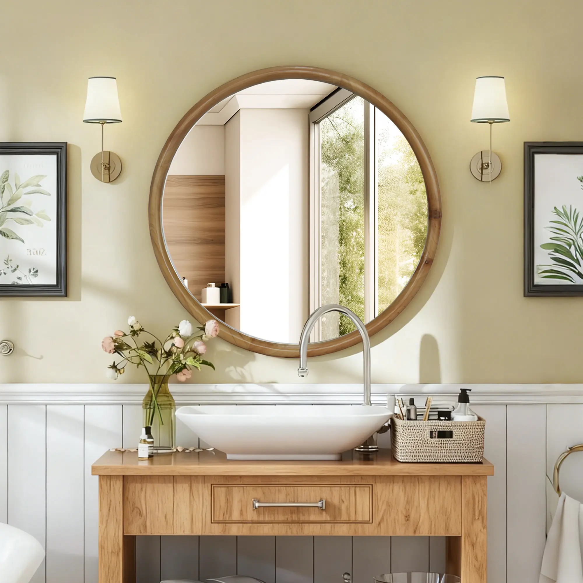 ARCH 23.62-Inch Round Wall Mirror Natural Wood Frame Mid-Century Modern Circle Mirror for Bathroom Bedroom Entryway Living Room Wall-Mounted Decorative Accent Mirror Reflective Glass Single Pack, Natural Wood Color Options, Metal+Synthetic Wood+Mirro