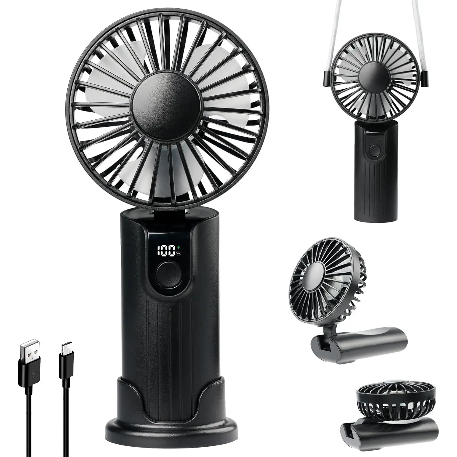 Portable Handheld Fan 5000mAh, Rechargeable Mini Fan with LED Display, 180° Foldable Small Desk Fan, 4 Speeds Quiet Personal Fan for Travel Makeup Office Outdoor - Black