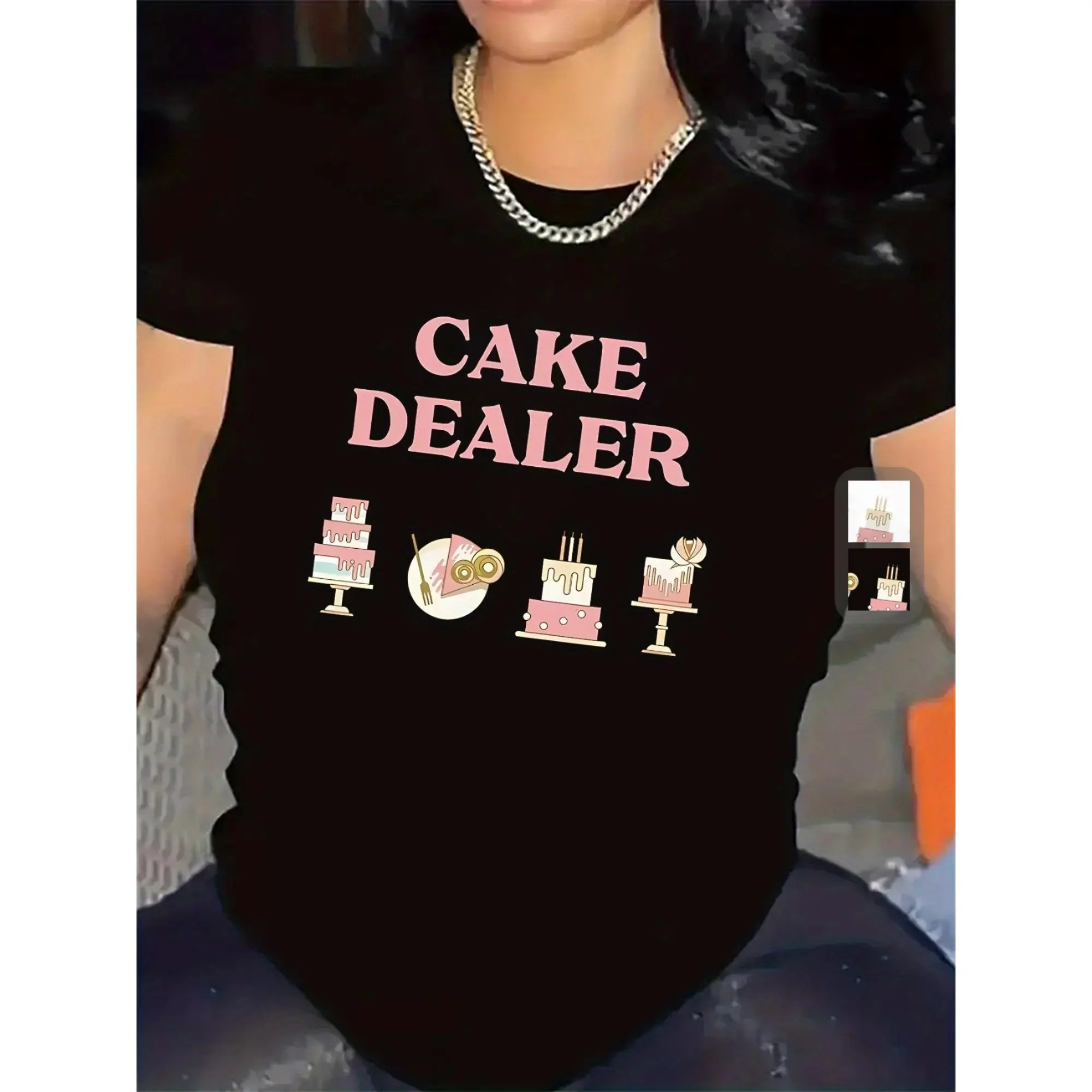 Crew Neck Short Sleeve T-Shirt, Cake Dealer Cute Cake Graphic Casual Top
