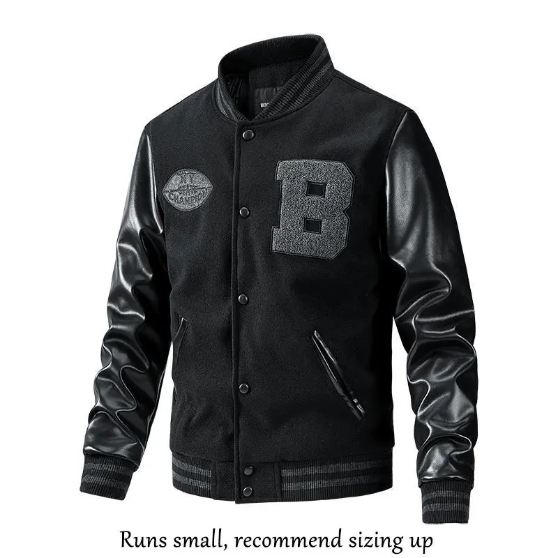 Men's Letter Patched Pocket Button Front Varsity Baseball Jacket, Casual Aesthetic Fashionable Jacket Casual Regular Fit Long Sleeve Stand Collar PU Leather Jacket Coat Casual Outerwears Outerwear Coats for Fall Winter Fabric