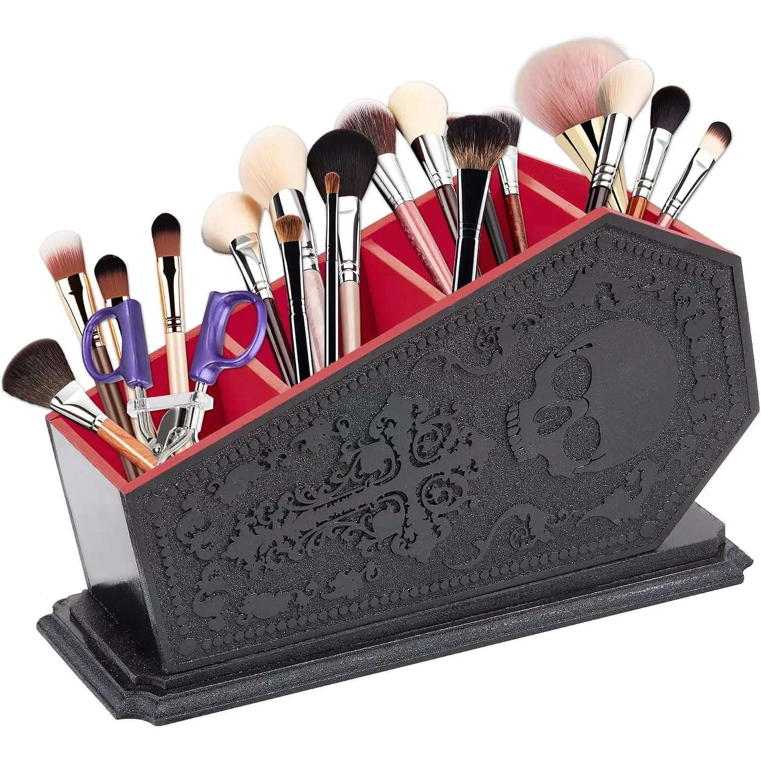 Gothic Coffin Decor Makeup Brush Holder,Spooky Witchy Gifts for Women,Skull  Display Cases,Goth Decor Pen Holder, , Desk, Office Organizer for  Day Bedroom Bathroom (Red)
