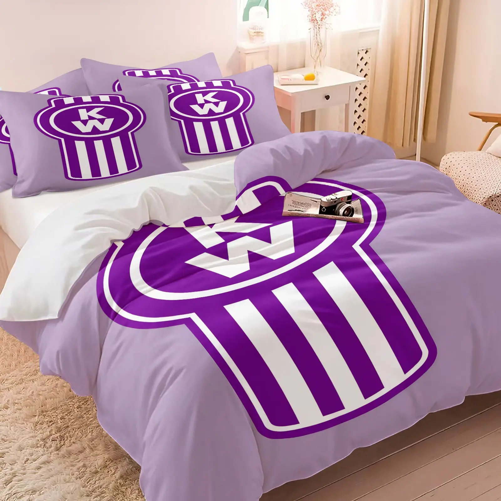 Vintage KW Truck Badge Duvet Cover Set Without Filler, Light Purple Background White Retro Truck Emblem Print, Soft Trucker Bedroom Bedding, 1 Duvet Cover + 1-2 Coreless Pillowcases For Bedroom Decor, Printed, Decorative Bedding Set