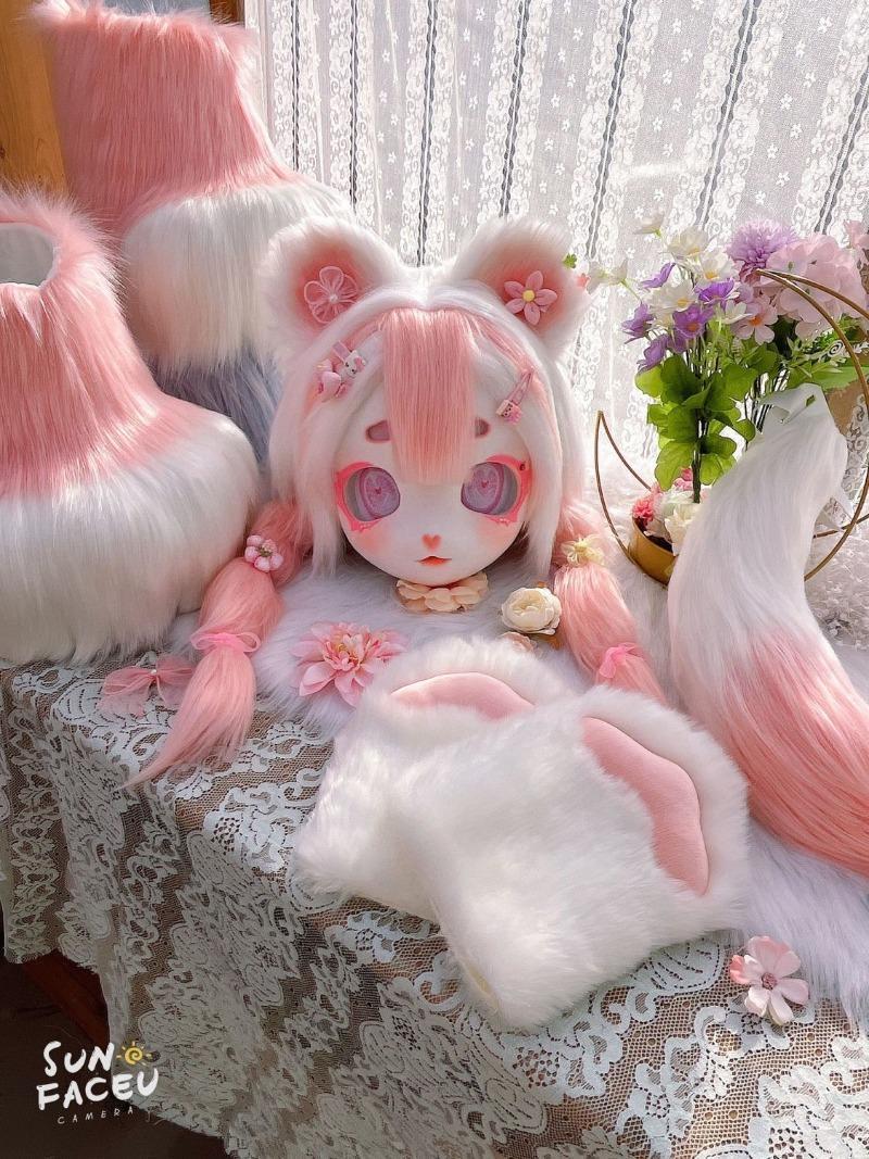 Fursuit Kigurumi Furry Cosplay Costume Pink Little Bear Head Paw Tail Shoes Comiket Furries Doll Kig for Kids Adults Dress up