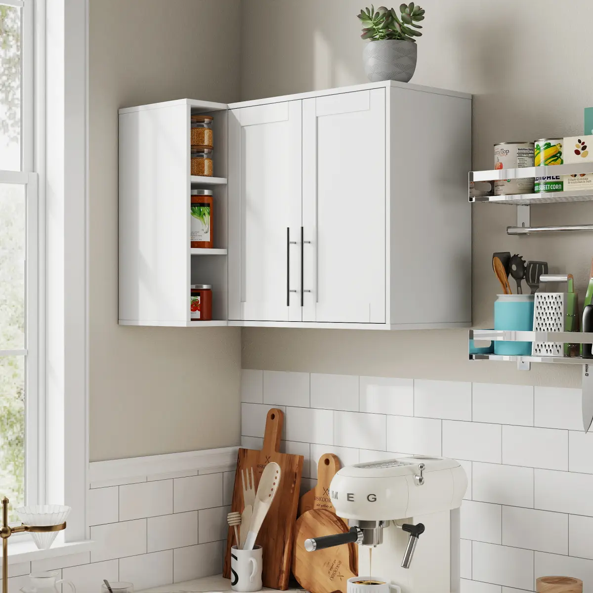 L Shape Wall Mounted Kitchen Sideboard Cabinet with 2 Door, 3 Layers Shelves, Storage Buffet Cabinet for Bathroom, Dining Rooms